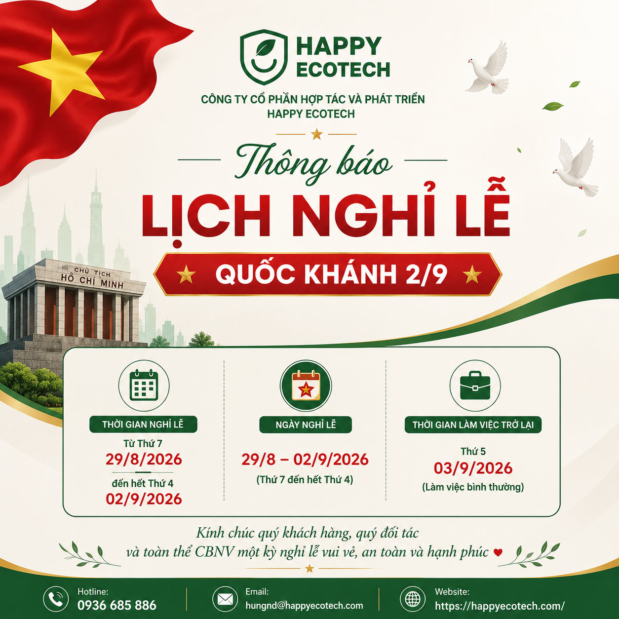 THÔNG BÁO LỊCH NGHỈ LỄ QUỐC KHÁNH 2/9